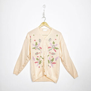 Vintage 80s Floral embroidered cardigan sweater orange pastel oversized M L